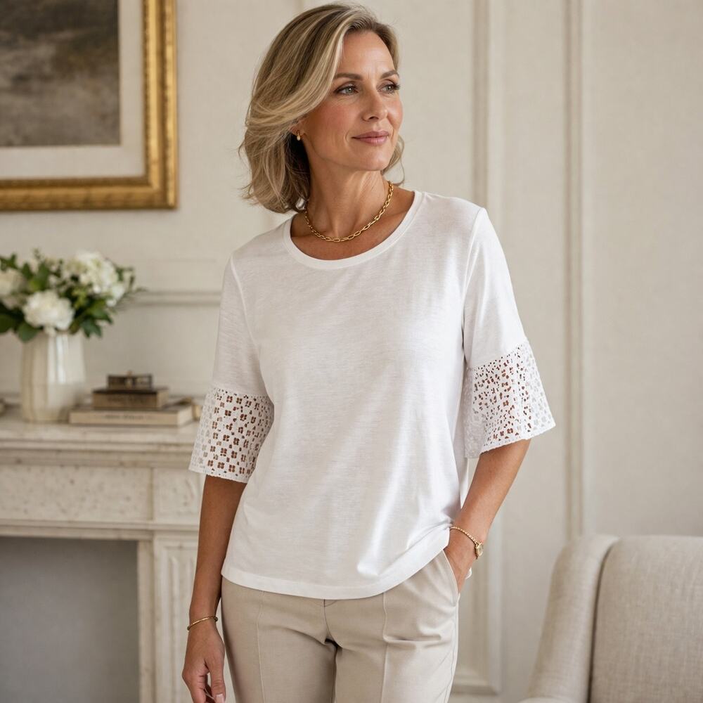Draper James White Knit Lace Sleeve T Shirt Top Medium